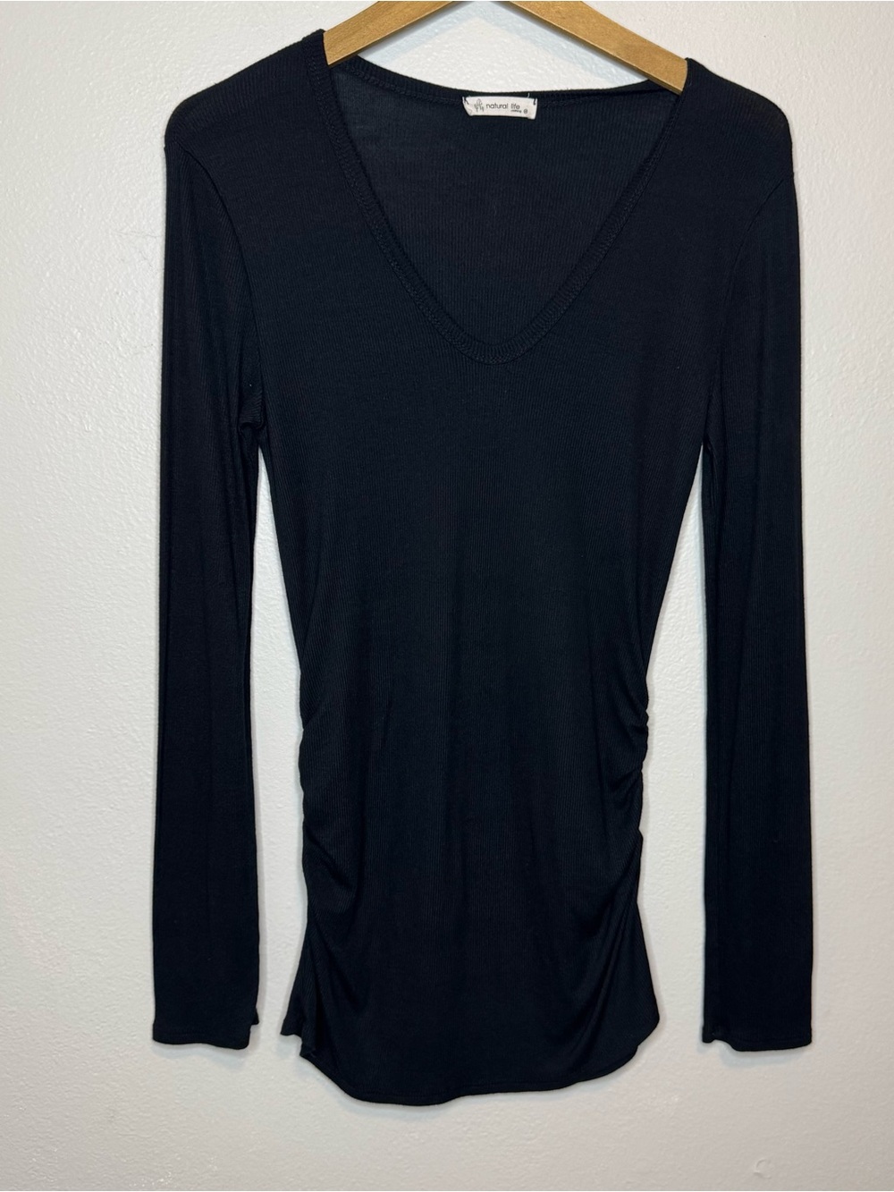 Natural Life Black Ribbed Ruched Long Sleeve V-Neck Top